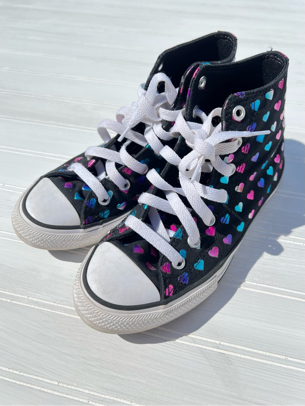 Converse Kids Black High-Top Sneakers with Pink, Blue & Purple Hearts